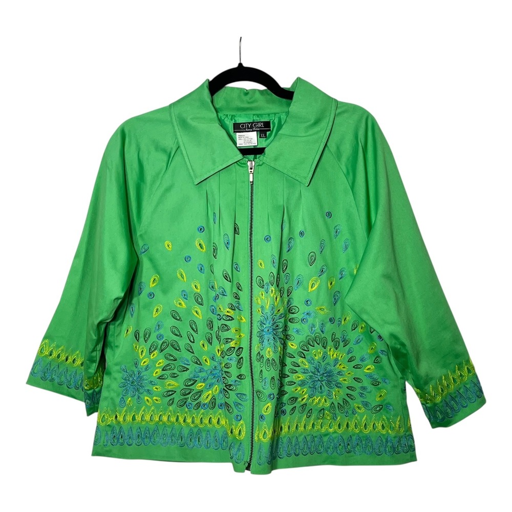 City Girl Nancy Bolen Green Embroidered Zip Front Jacket XL Peacock Boho
